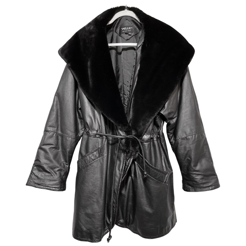 Pelle Milano Genuine Leather Hooded Fur Wrap Coat